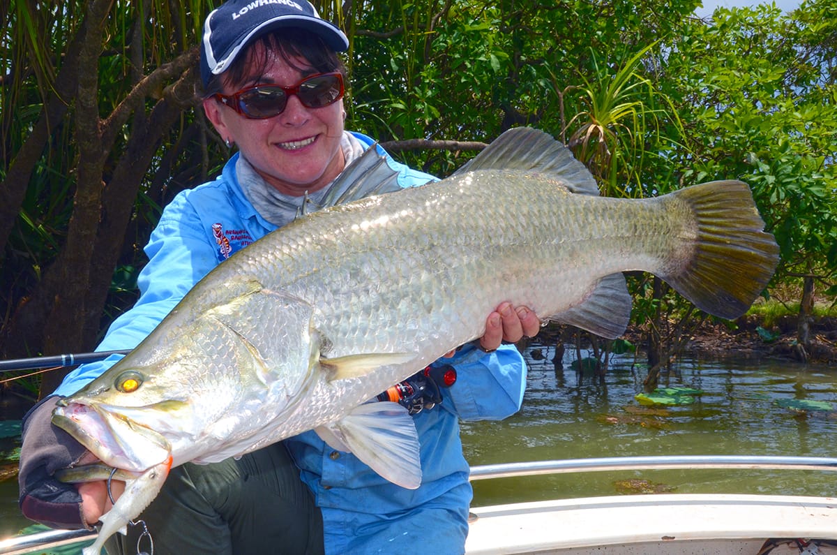 Jo with a large barramundi from Corroboree Billabong in the NT.